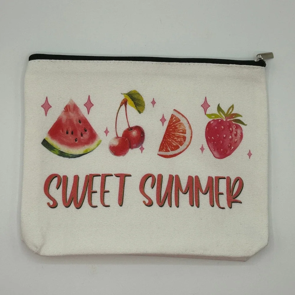 Sweet Summer Fruit Canvas Cosmetic Pouch Makeup Bag with Cherry Bell Charm NWOT